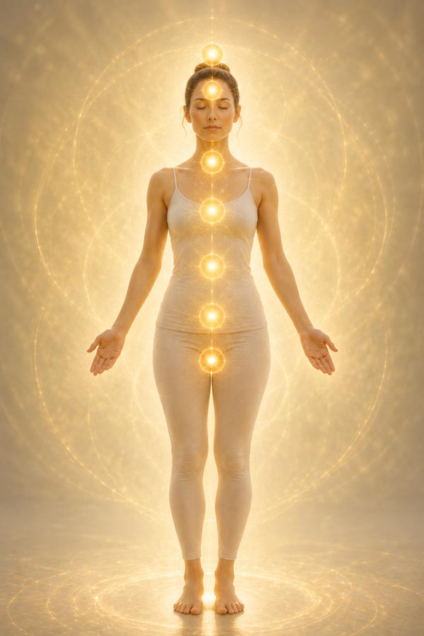 Symbolische Darstellung der sieben Energiezentren in der Psychosomatischen Energetik (PSE)